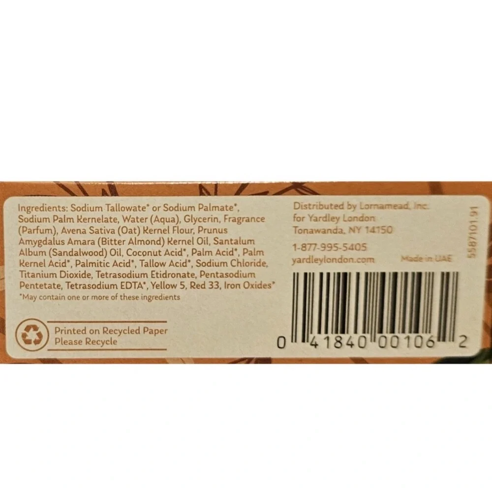 Yardley Of London Oatmeal and Almond Nourishing Bath Bar Luxury Beauty Soap 4 Oz